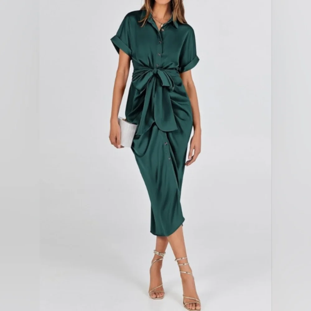 Elegant Green Stretch Satin Midi Shirt. Dress - Picture 3 of 6